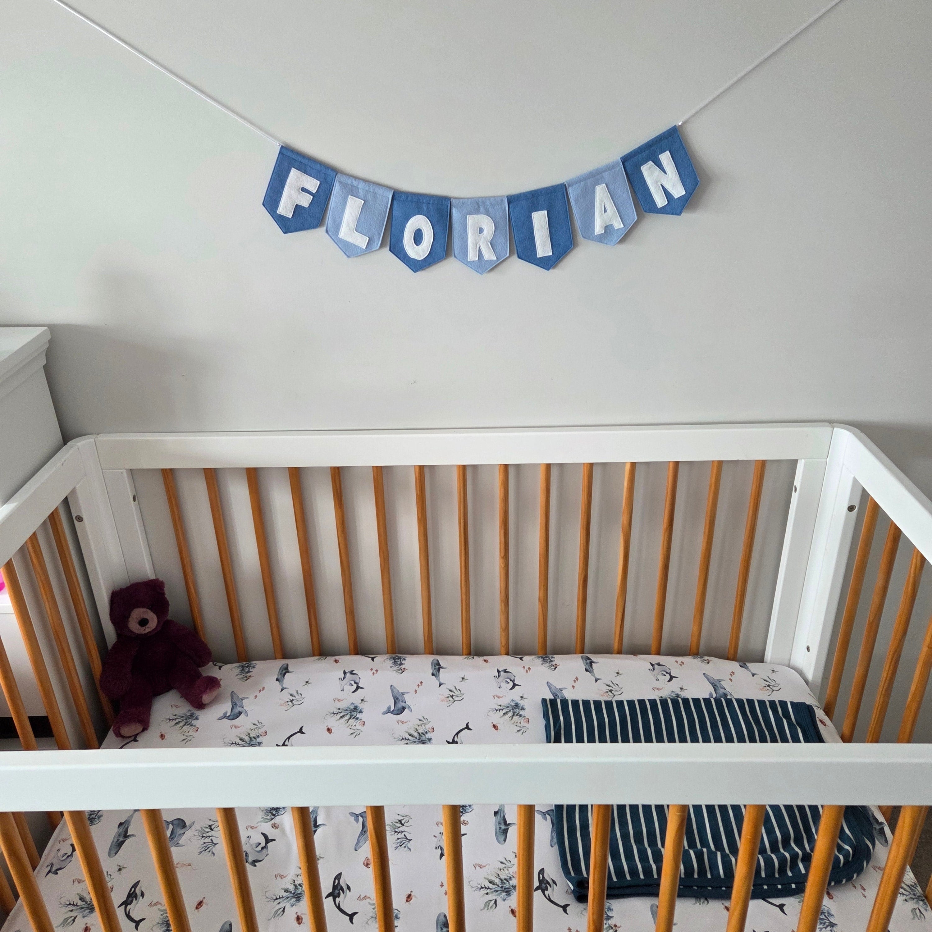 Felt banner handmade blue in baby room