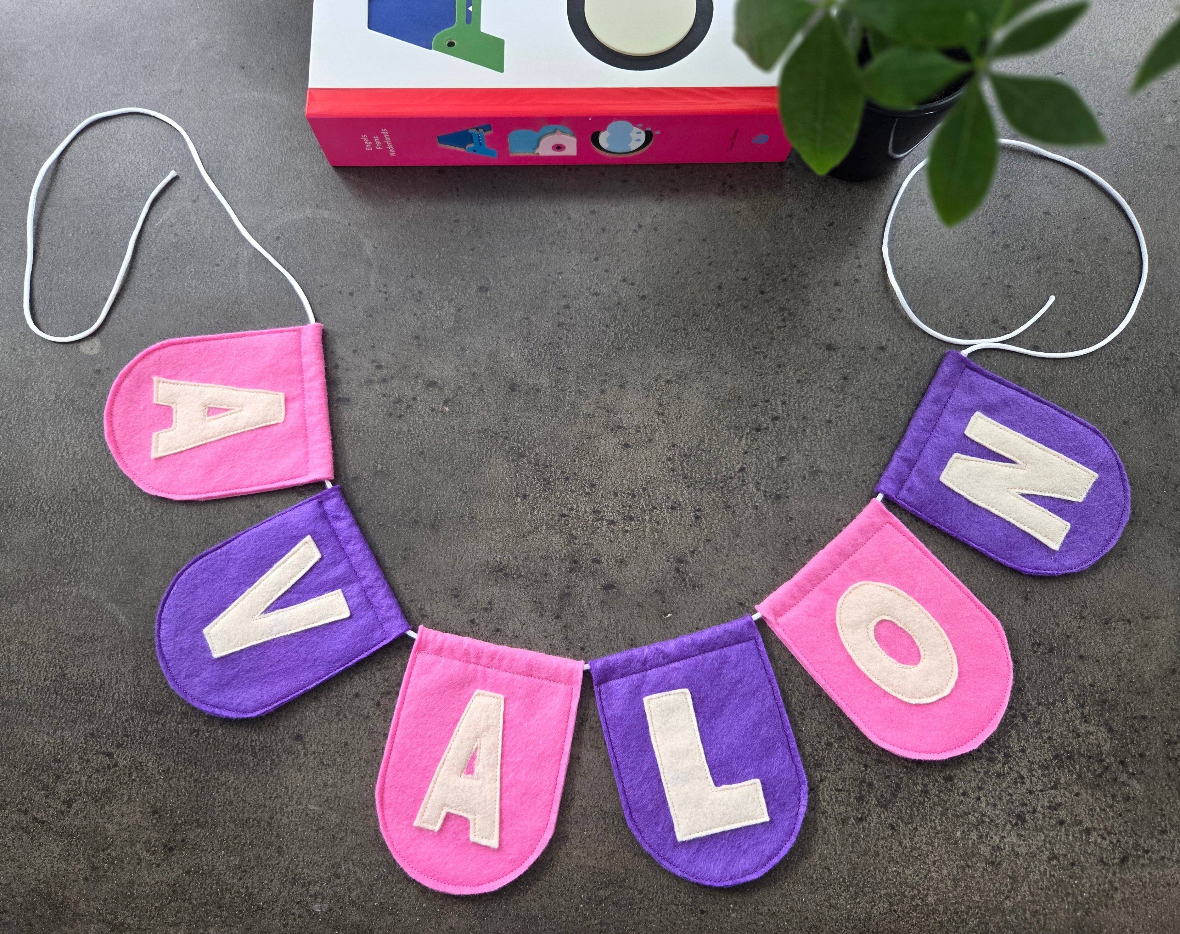 Felt banner handmade pink and purple with name AVALON