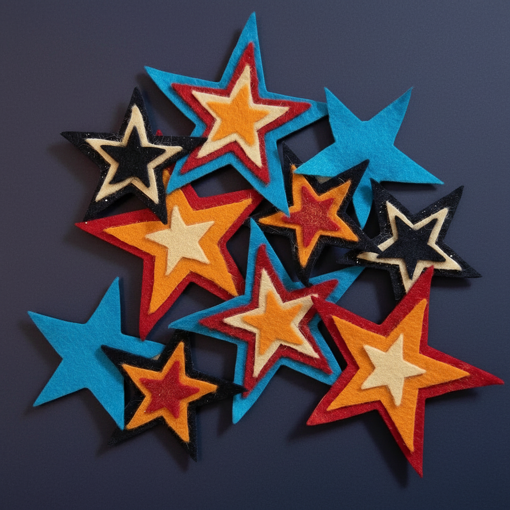 A cluster of felt star wall decorations in multiple colors including blue, orange, red, black, and cream, arranged on a dark navy background.