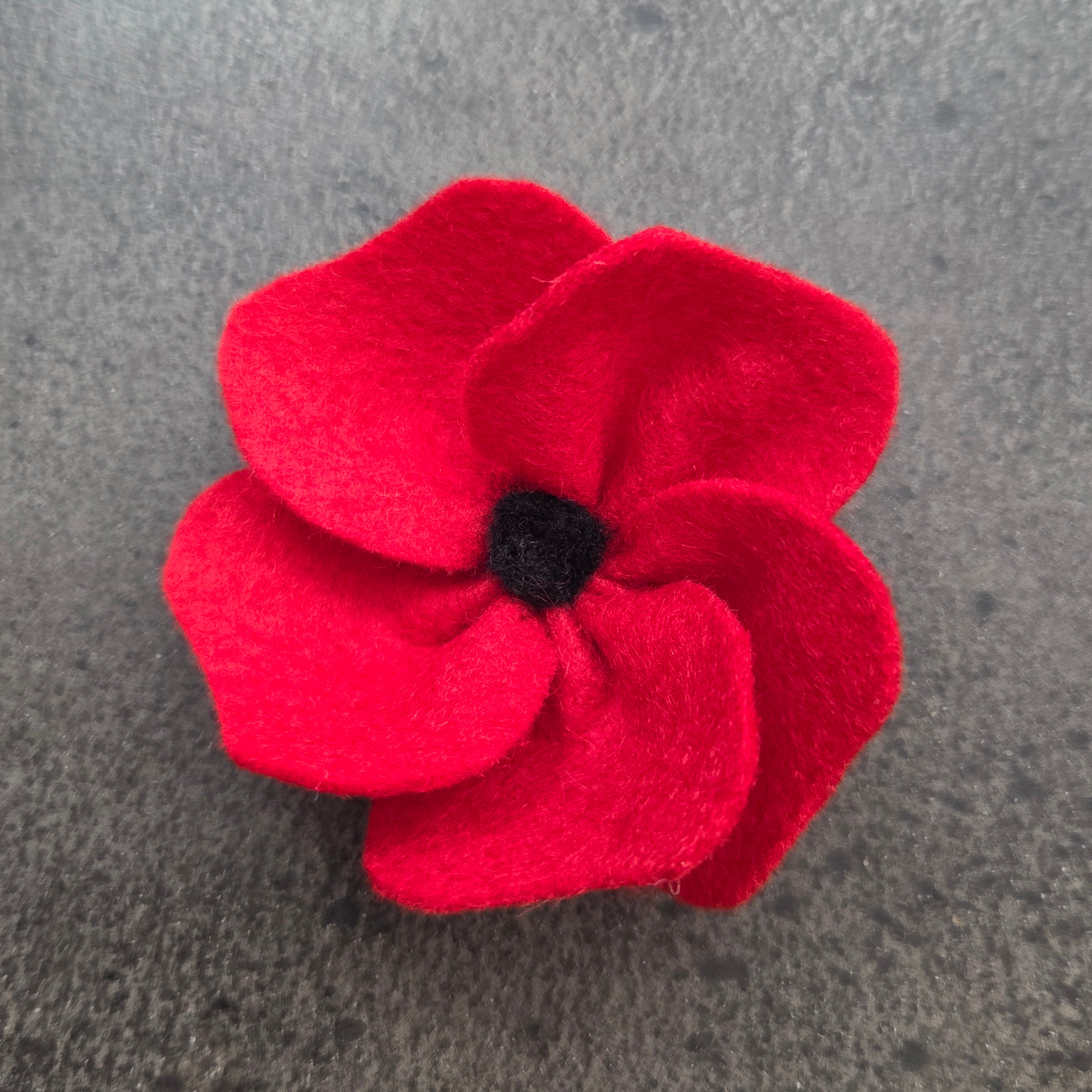 vibrant red felt poppy with a black needle felted hear